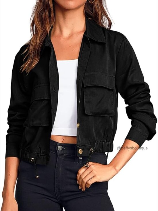 Jackets & Blazers - Lightweight Cropped Utility Anorak Jacket Button Down Long Sleeve